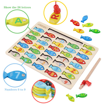 Magnetic Wooden Fishing Game Toy for Toddlers  Alphabet Fish Catching Counting Games Puzzle with Numbers and Letters  Preschool Learning ABC Math Educational Toys 3 4 5 Years Old Girl Boy Kids