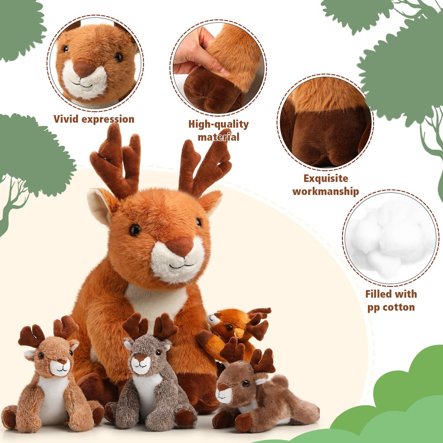 Poen Plush Deer Stuffed Animal Set 16 Inch Cuddly Mommy Deer Plush With 4 Cute Little Plushes In Her Zippered Tummy For Kids Birthday Baby Shower Decor Gift Woodland Party Favors(Sitting)