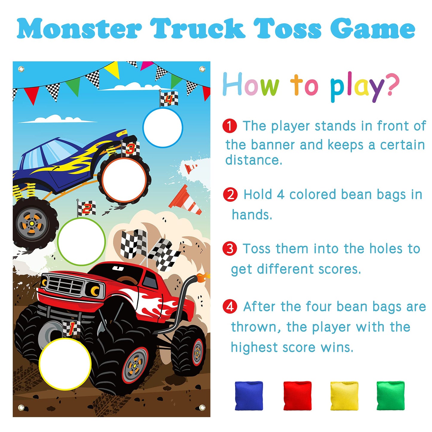 BeYumi Monster Truck Toss Game Banner with Bean Bags Checkered Party Game for Indoor Outdoor Activities 4 Score Holes Game Monster Truck Theme Birthday Party Supplies for Kid mature-themed