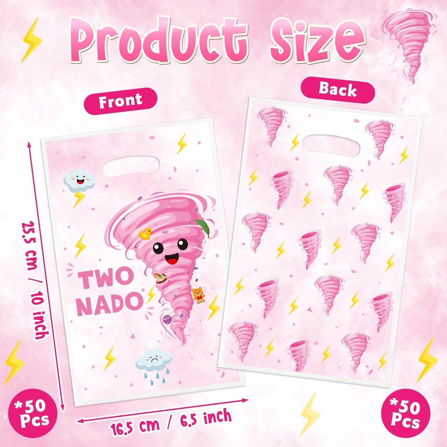 ArianQicult Two Nado Party Favor Bags - 50Pcs Pink Tornado Patterns Goody Candy Treat Gifts Bags, Cute Two Nado Themed Kid Party