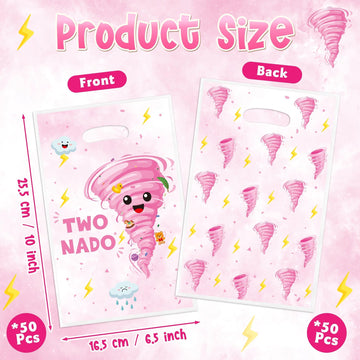 ArianQicult Two Nado Party Favor Bags - 50Pcs Pink Tornado Patterns Goody Candy Treat Gifts Bags, Cute Two Nado Themed Kid Party