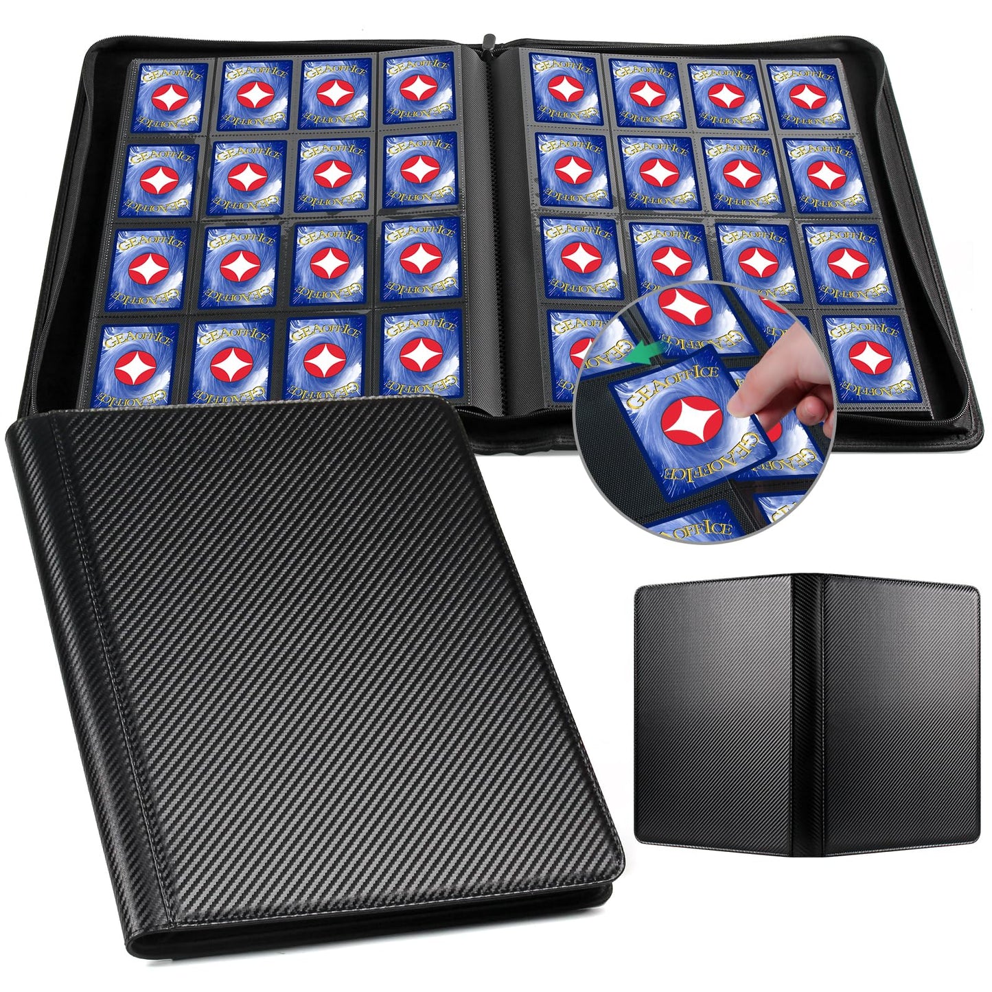 GEAoffice Trading Card Binder 16 Pockets  enhanced Large 1000 Card Binder Holds 1000+  Side Loading Collection Album Folders for YuGiOh  MTG  TCG  Games& Sports  Carbon Black