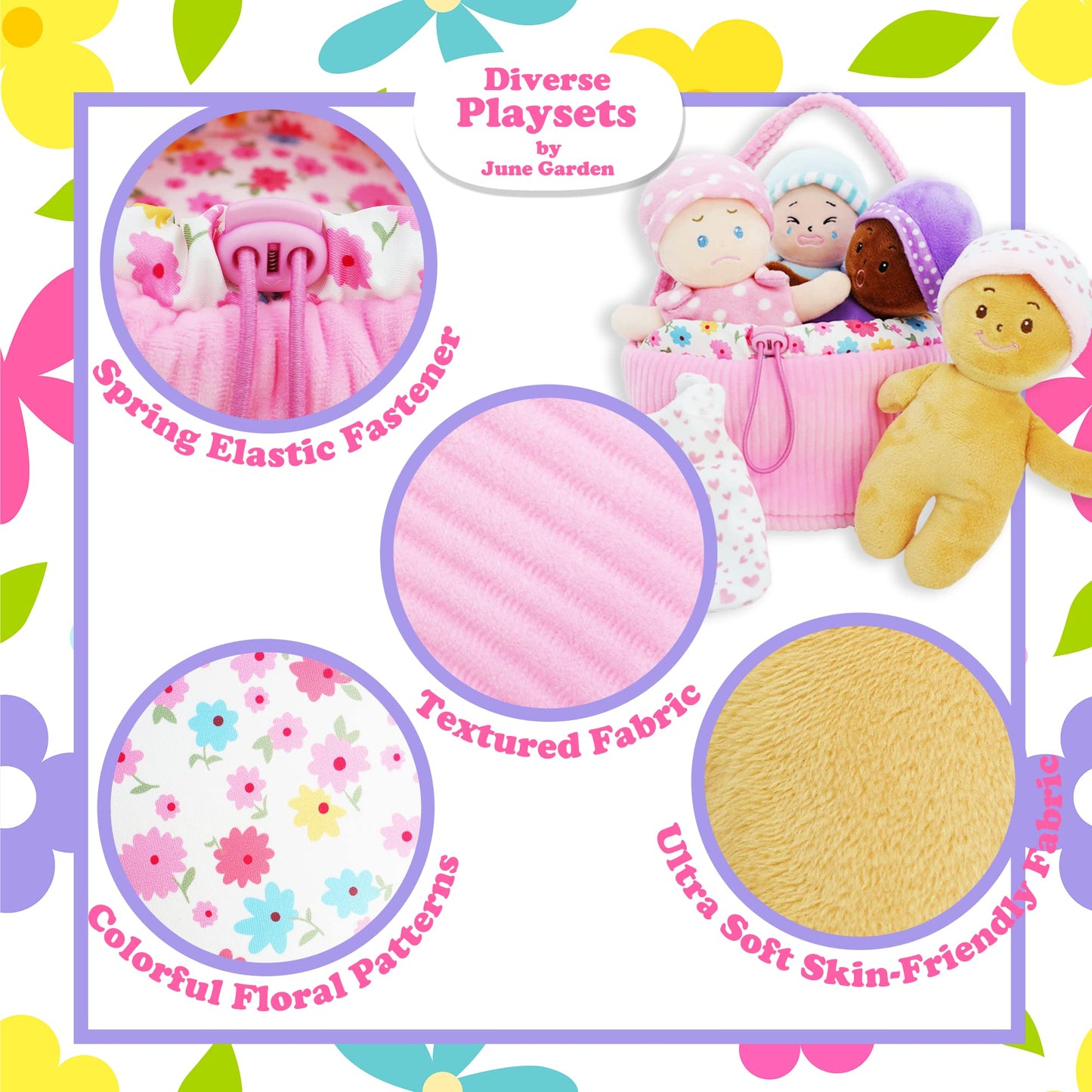 June Garden My First Basket Plush Baby Doll Set - 4 Multicultural Soft Dolls, Skin-Friendly Fabric, for Infants and Toddlers