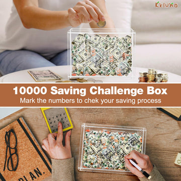 10000 Savings Challenge Box, Clear Cashbox Kakeibo Money Box Cash Vault Wooden Savings Box Money Box, Coin Counter Piggy Bank Fo