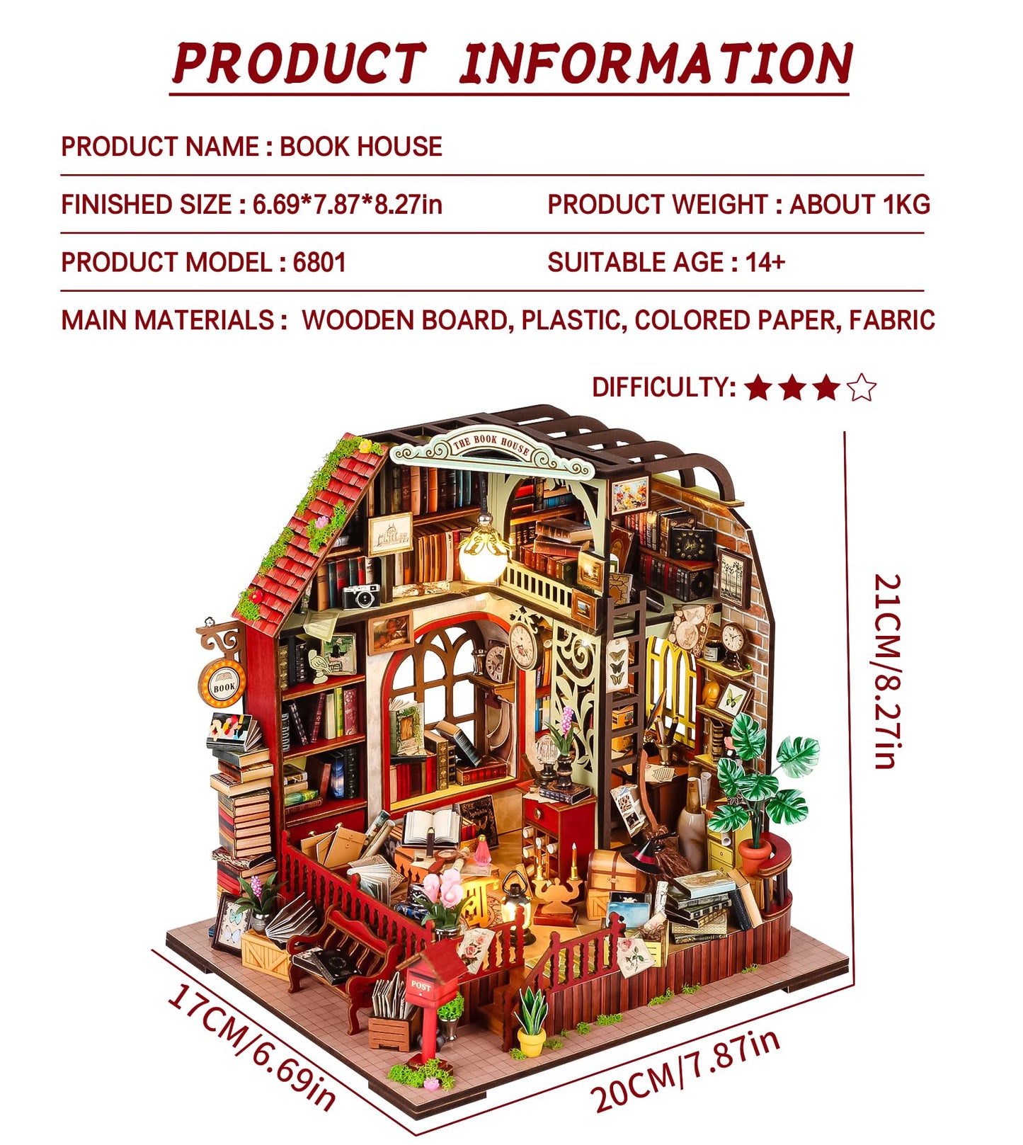 Spilay DIY Miniature Dollhouse Wooden Furniture Kit Mini Handmade Mini Model with Dust Cover & Music Box 1:24 Scale Creative Woodcrafts Toys for mature-themed Friend Lover Birthday Gift-Book House