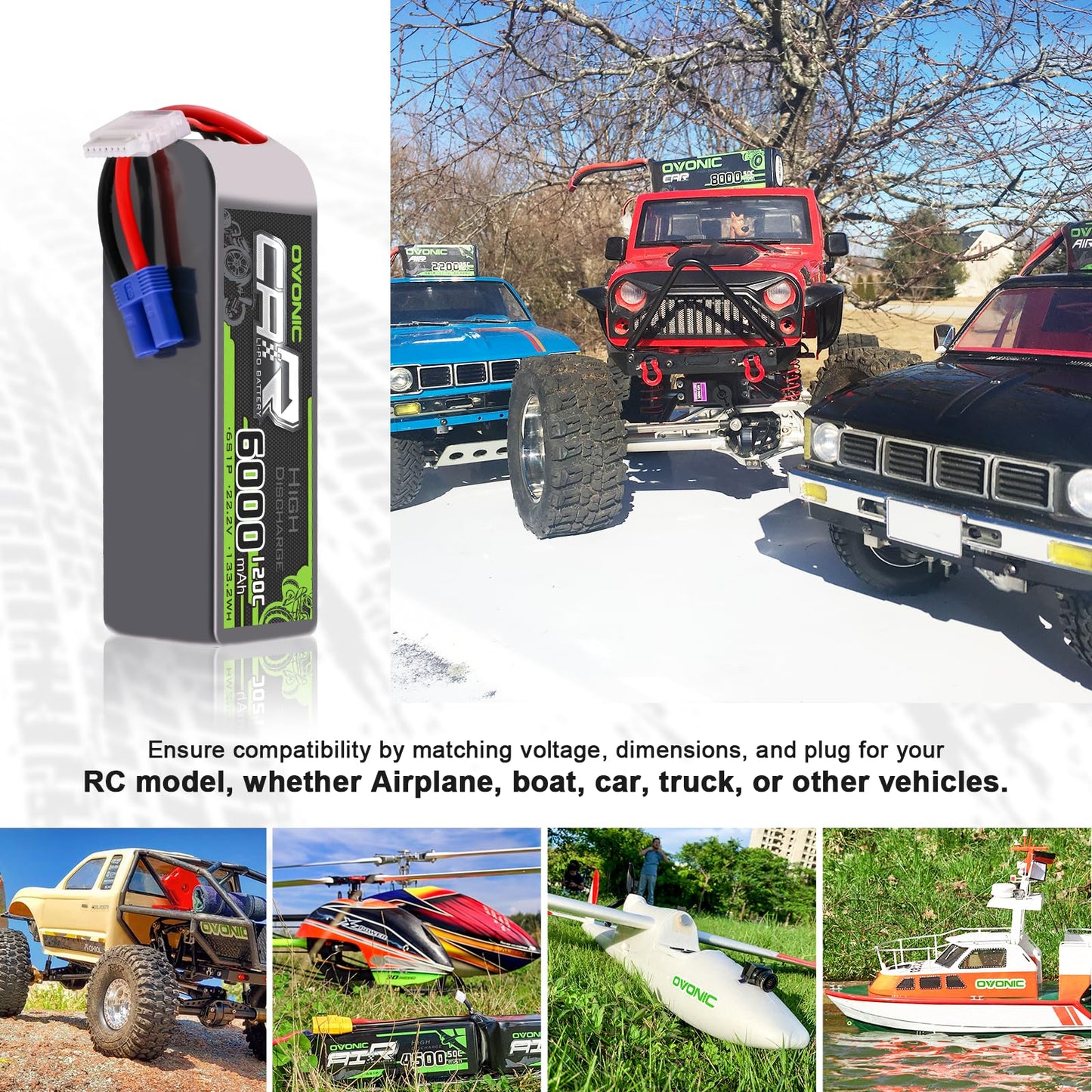 OVONIC 6S LiPo Battery 6000mAh 22.2V 120C with EC5 Connector - 2 Pack