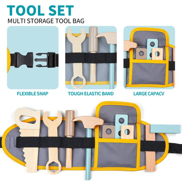 Kids Tool Bench,Wooden Play Tools Set with Kids Tool Belt Toddlers Workbench Pretend Construction Tools Set Wooden Toy Drill Gif
