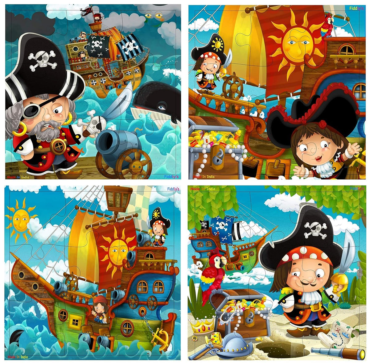 Fiddlys Wooden Jigsaw Puzzles For Kids & Children  9 Pieces Each, Pack Of 4 | Double Layered Puzzles With Bright Front & Back P
