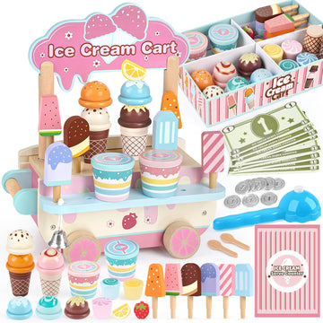 Dreamon Wooden Ice Cream Toys For Kids Toddlers, 48 Pcs Ice Cream Cart Play Kitchen Accessories With Menu, Pretend Money, Wooden