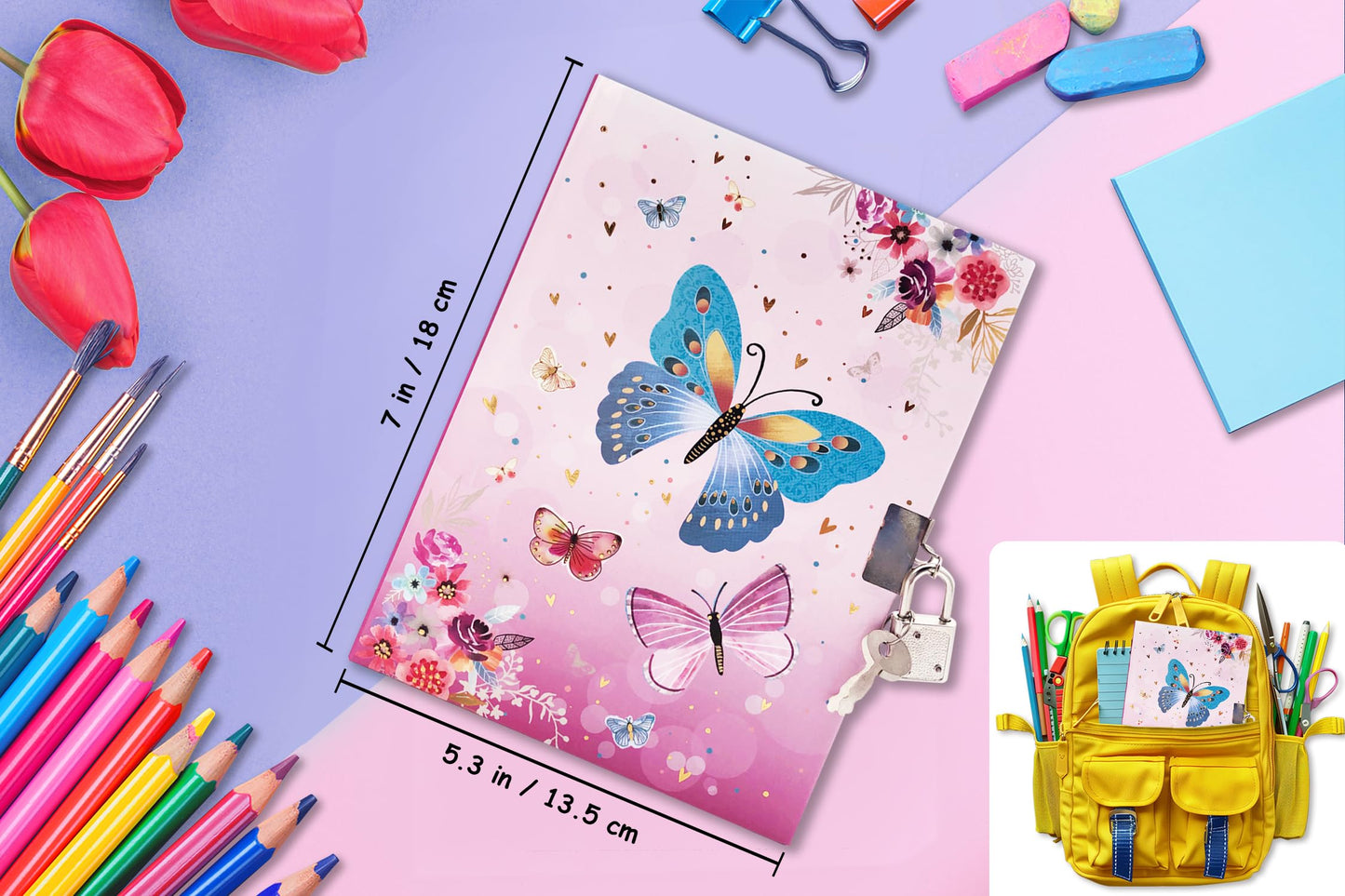 Ginmlyda Girls Diary With Lock For Kids, 7X5.25 Inches 160 Lined Pages Secret Pink Butterfly Notebook For Girls Journal With Loc