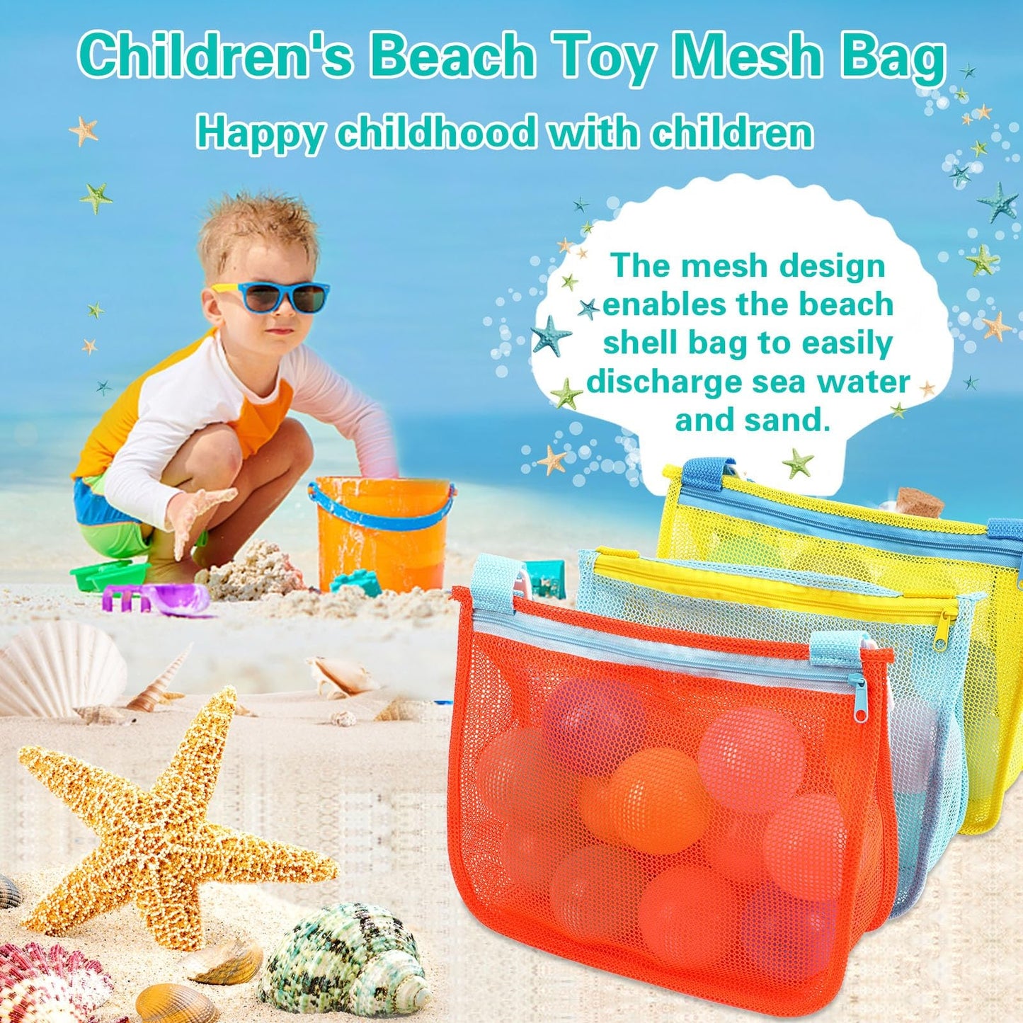 MARFOREVER 3 Pack Beach Toys Mesh Beach Bag Seashell Bag Sand Toy Shell Collecting for Holding Shells Swimming Pool Storage with
