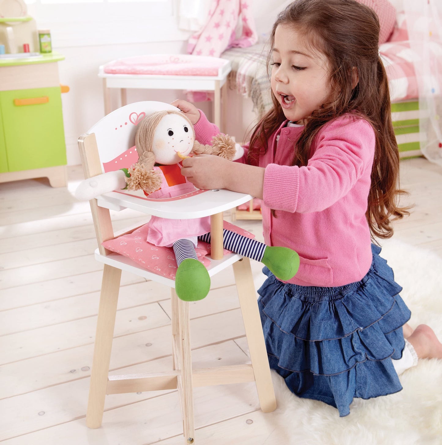 Hape Wooden Highchair For Babydoll| Fits Dolls Up To 20 Inch| Wooden Doll Play Furniture For Kids