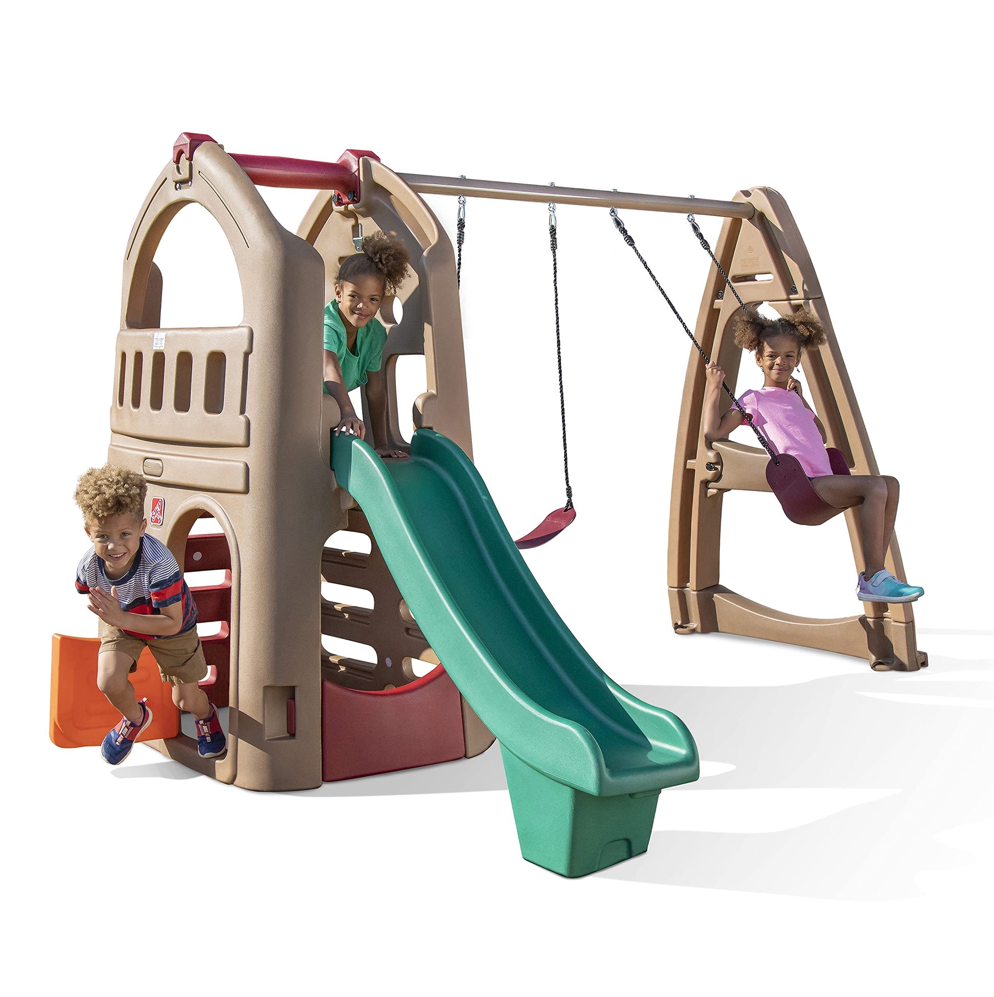 Step2 Naturally Playful Adventure Lodge Play Center With Glider, Kids Outdoor Playset, Two Tier Backyard Playground Set, Slide, Swings, Outside Jungle Gym, For Children 3-8 Years Old