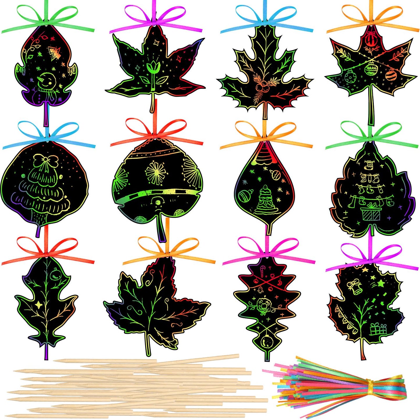 Qilery 120 Pcs Fall Thanksgiving Craft Art Activities Autumn Magic Leaves Scratch Paper Harvest Colorful Rainbow Leaf Scratch Ki