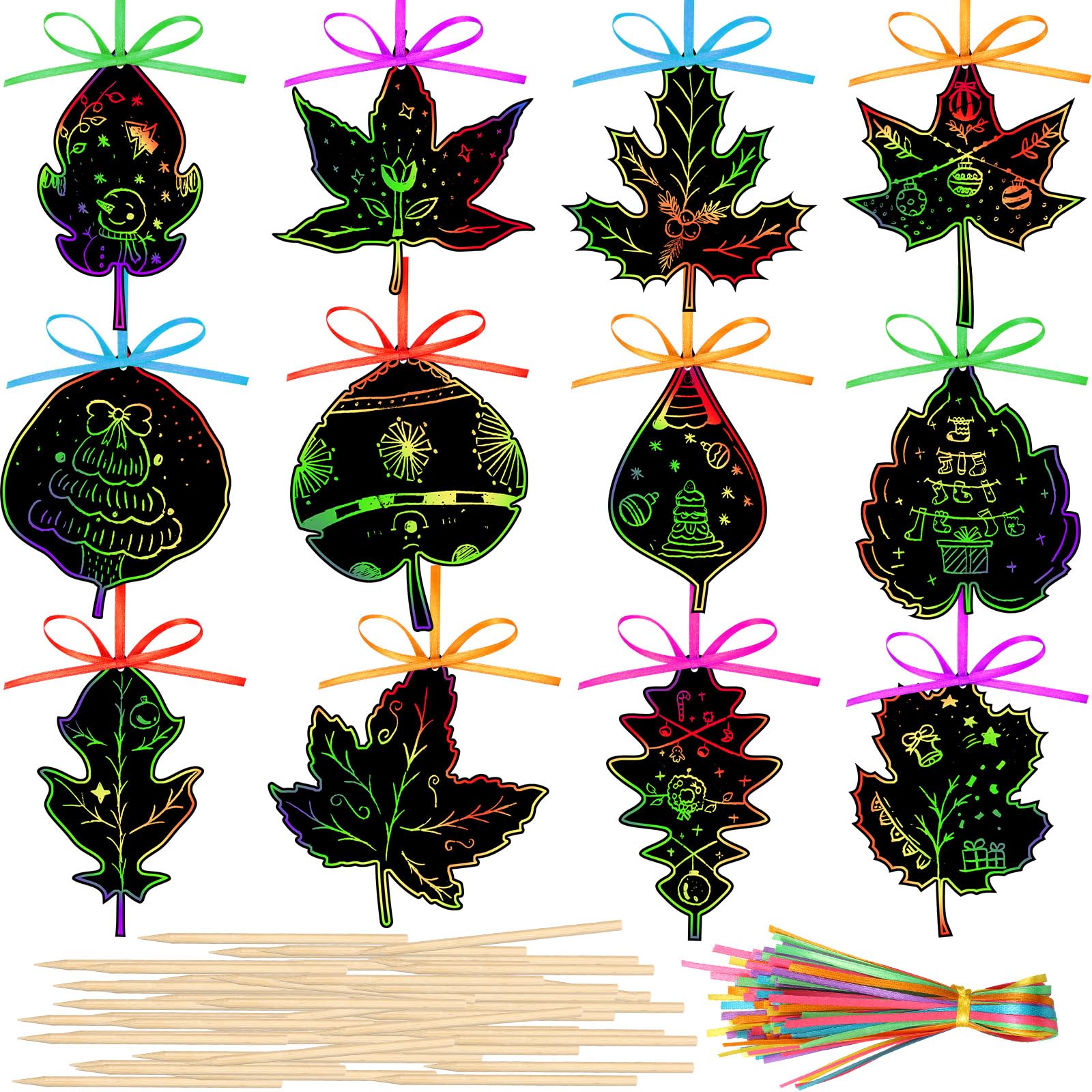 Qilery 120 Pcs Fall Thanksgiving Craft Art Activities Autumn Magic Leaves Scratch Paper Harvest Colorful Rainbow Leaf Scratch Ki