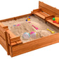 Large Wooden Kids Sandbox With Lid - Outdoor Sand Box For Kids With Cover Sand Protection, Foldable Bench Seats And Bottom Liner