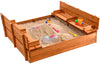 Large Wooden Kids Sandbox With Lid - Outdoor Sand Box For Kids With Cover Sand Protection, Foldable Bench Seats And Bottom Liner