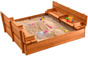 Large Wooden Kids Sandbox With Lid - Outdoor Sand Box For Kids With Cover Sand Protection, Foldable Bench Seats And Bottom Liner
