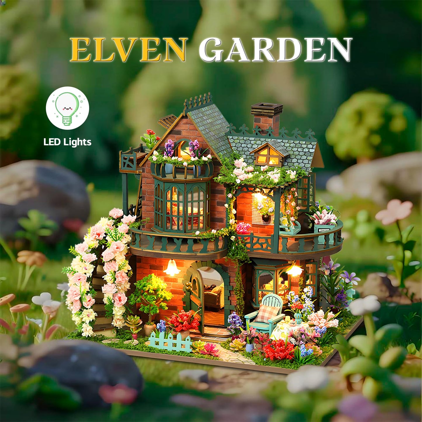 DIY Miniature House Kit  Book Nook Kit for mature-themed  3D Wooden Puzzles  Dollhouse Kit with LED Light  Mini Building Kit  Craft Kit for Teen to Build (Elven Garden)