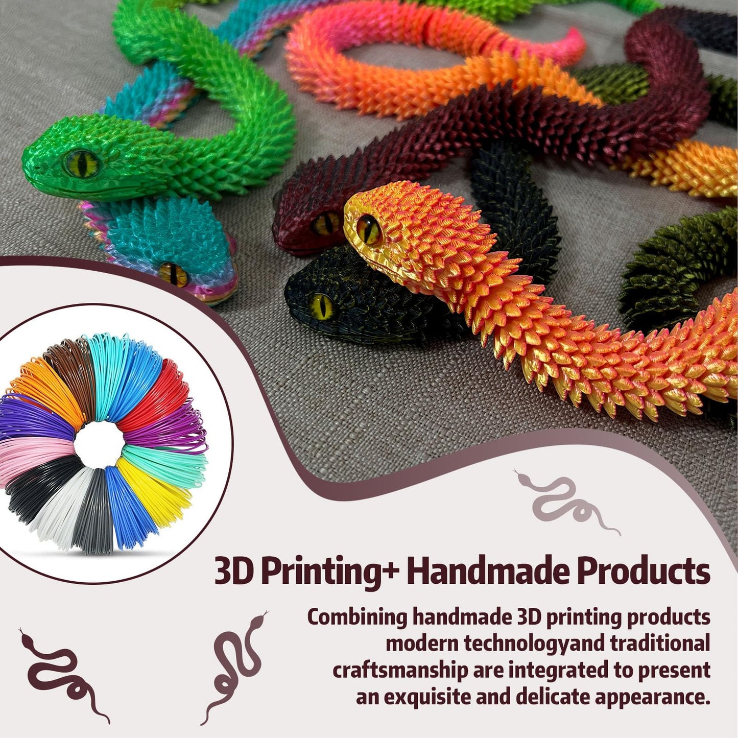 Binvin 24 In 3D Printed Snake Viper, Articulated Snake Toy, 3D Printed Animal Model, Red Black