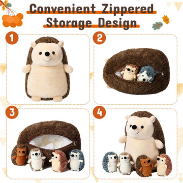Hiboom 5 Pcs Hedgehog Stuffed Animal, 14 Inch Large Mommy Hedgehog Stuffed Plush Toys With 4 Plush Baby Hedgehogs Soft Cuddly Pl