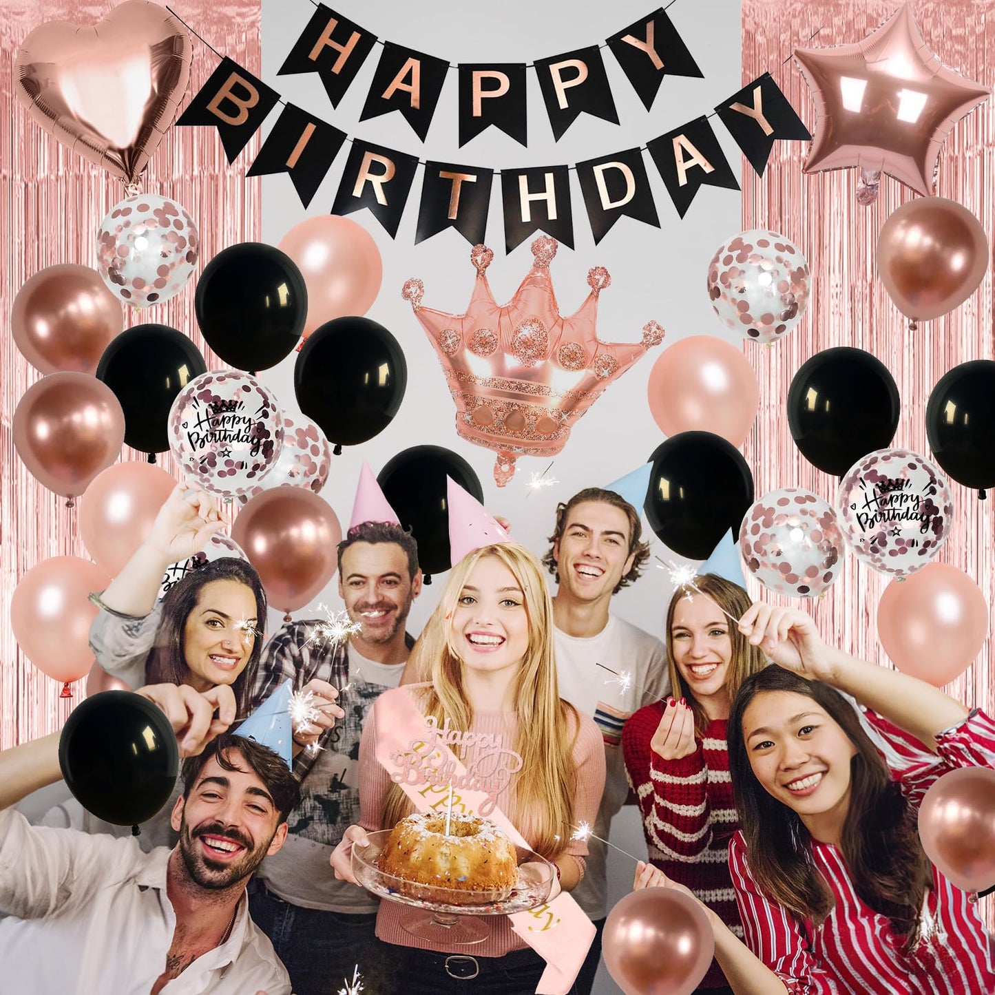 Rose Gold Birthday Decorations For Women Black Rose Gold Balloons Birthday Party Decoration Rosegold Happy Bithday Banner Sash C