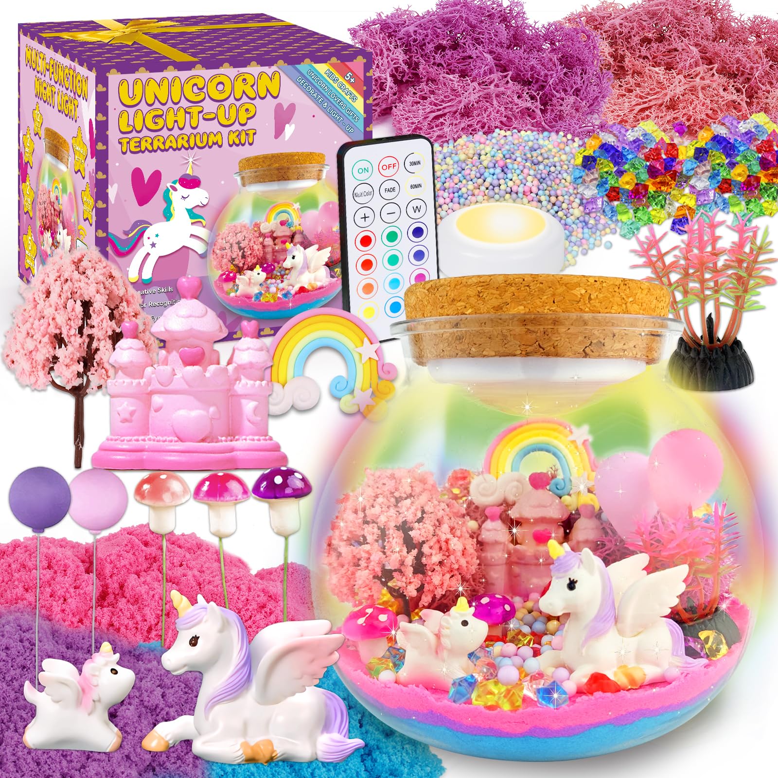 Unicorn Terrarium Crafts Kit For Kids-Led Night Light Up & Remote Unicorn Birthday Gifts Toys For Girls Ages5 6 7 8 9 10 Year Ol