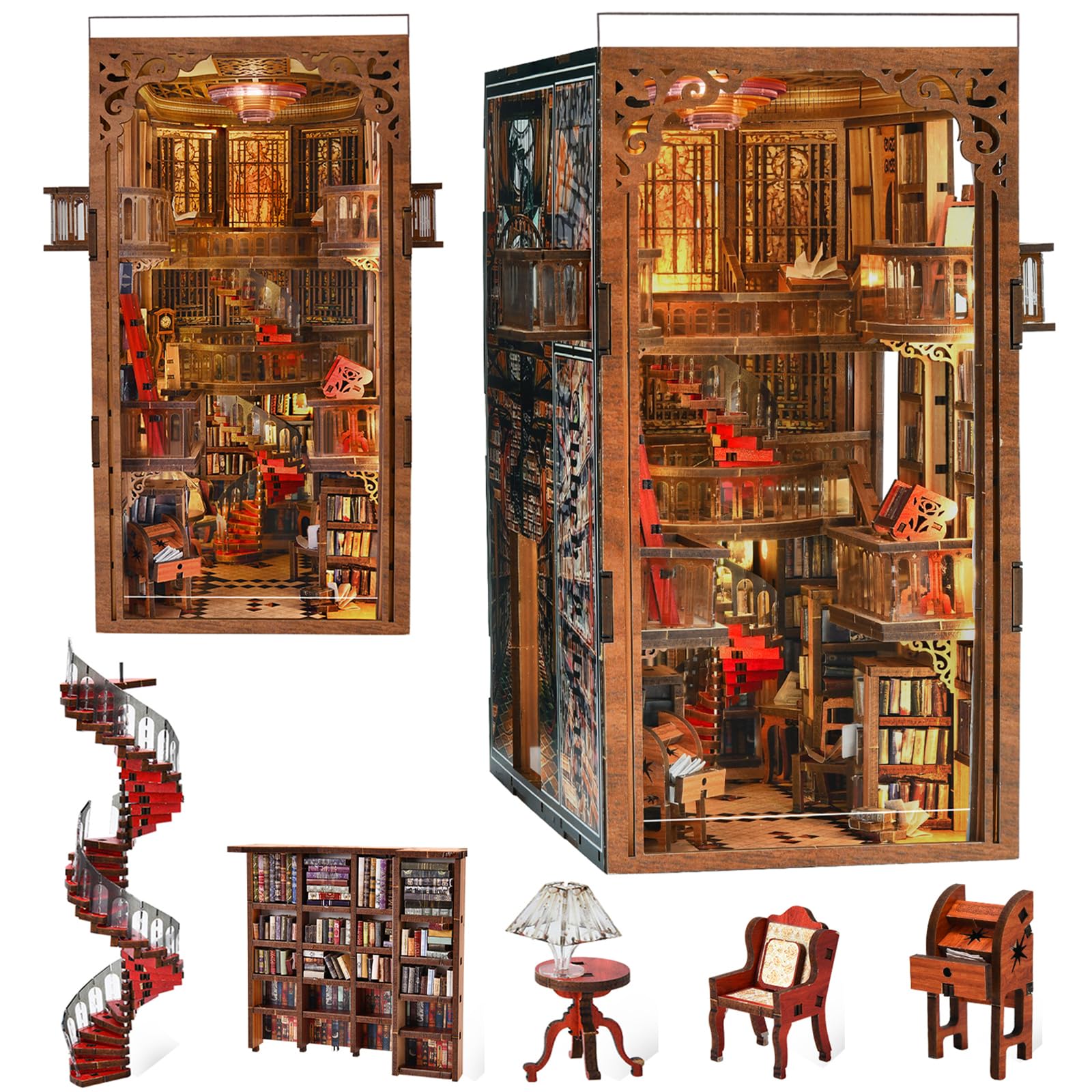MiniCity DIY Book Nook Kit for Adults, 3D Wooden Puzzle Bookend Bookshelf Insert Decor with LED Light and Dust Cover (Abbey Libr