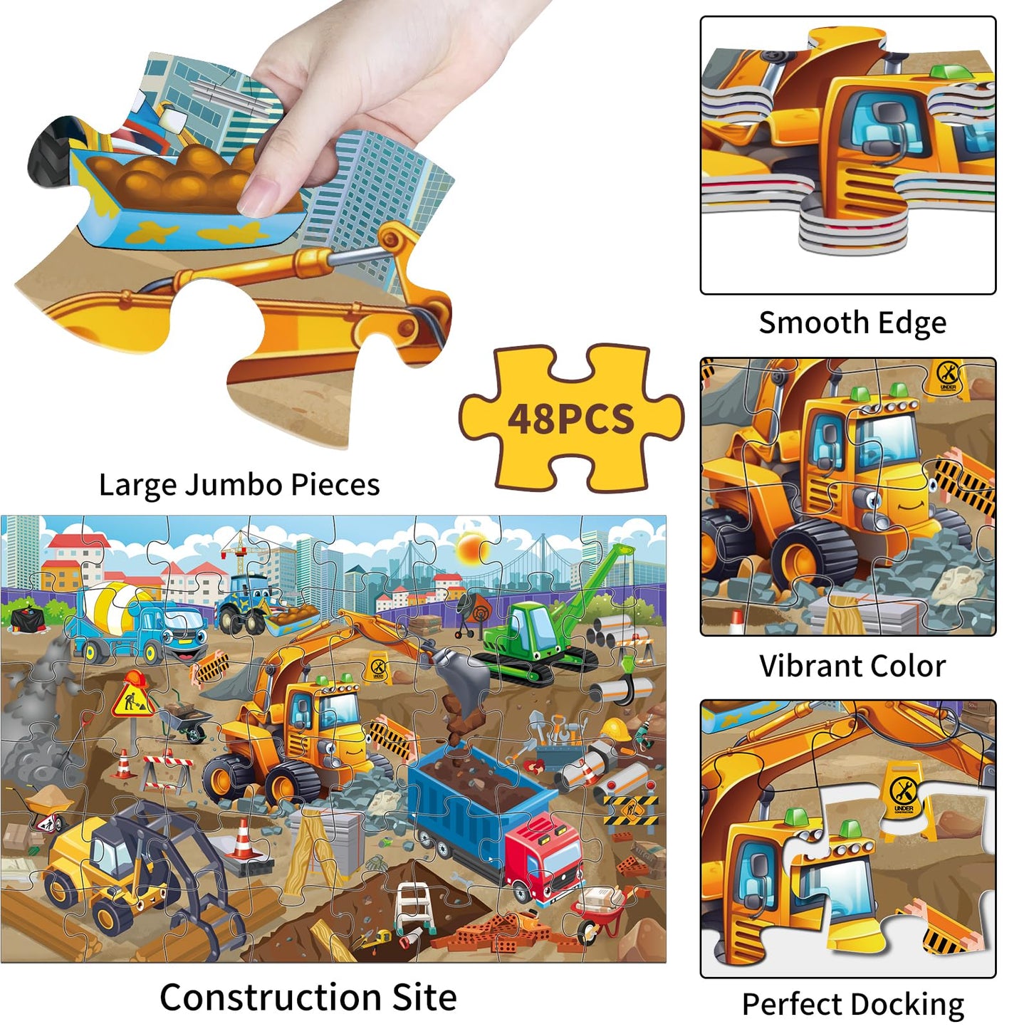Jadeso 48 Pieces Jumbo Floor Puzzles For Kids Ages 3-5, Puzzle For Kid Ages 4-6, Construction Site Jigsaw Large Puzzles, Childre
