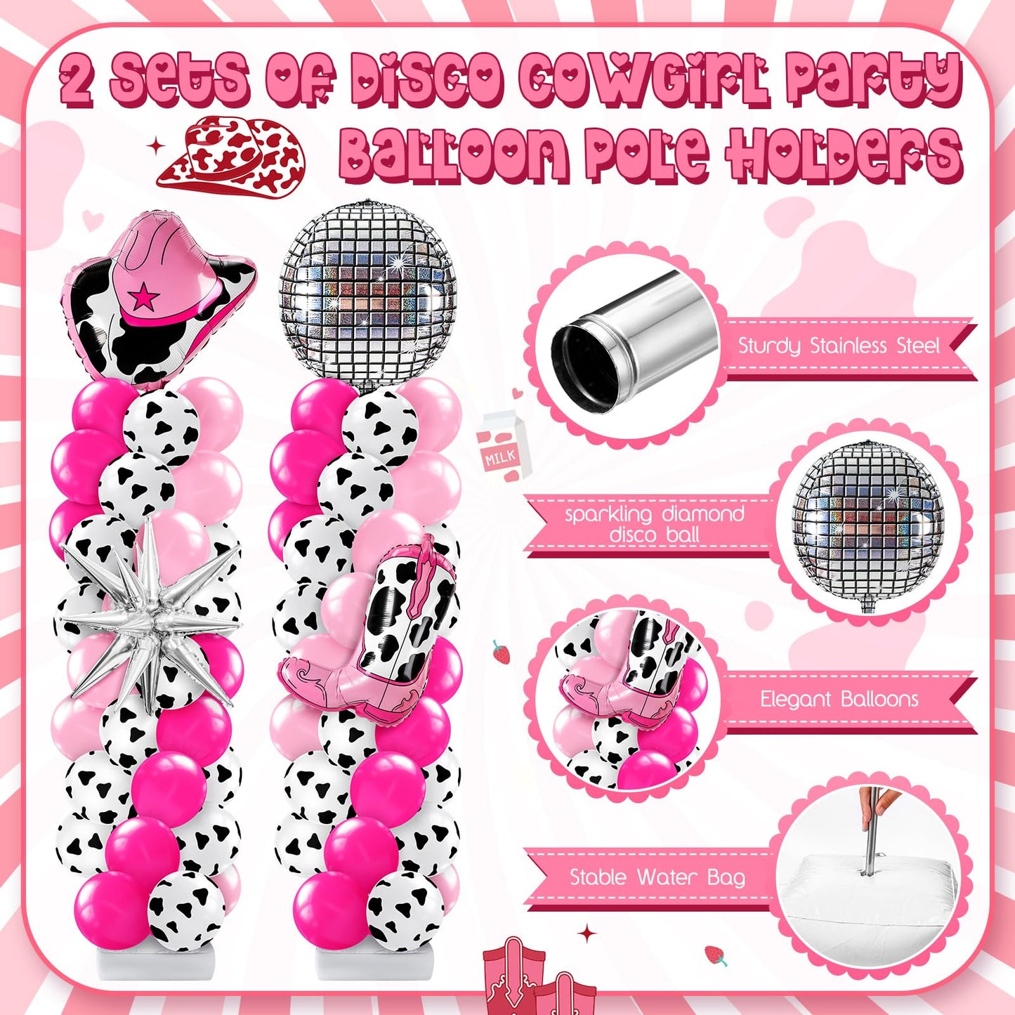 Kasyat Disco Cowgirl Balloon Column Kit - Hot Pink & Silver, Includes 4D Hat, Boots, and Balloons, Model AU-Kasyat-1775 for Birthday Parties