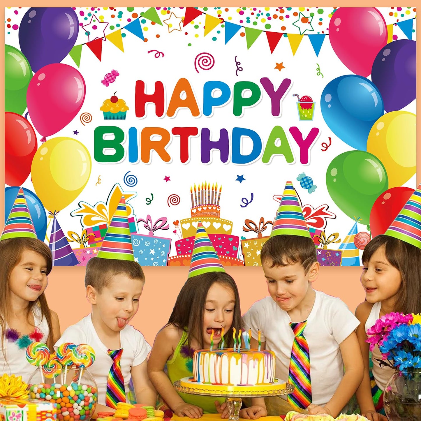 DIZHI Happy Birthday Backdrop Banner 7x5ft Vinyl Multicolor Party Decorations for Kids - DZ-22083102