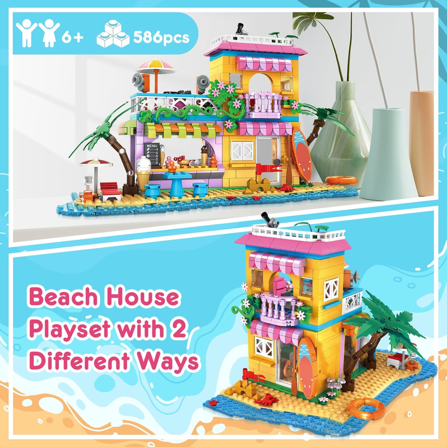 Hogokids Beach House Building Set - Seaside Villa Building Toys Friends Vacation Hut Construction Blocks 586Pcs Cottage Playset Birthday For Kids Girls Boys Age 6 7 8 9 10 11 12 Years