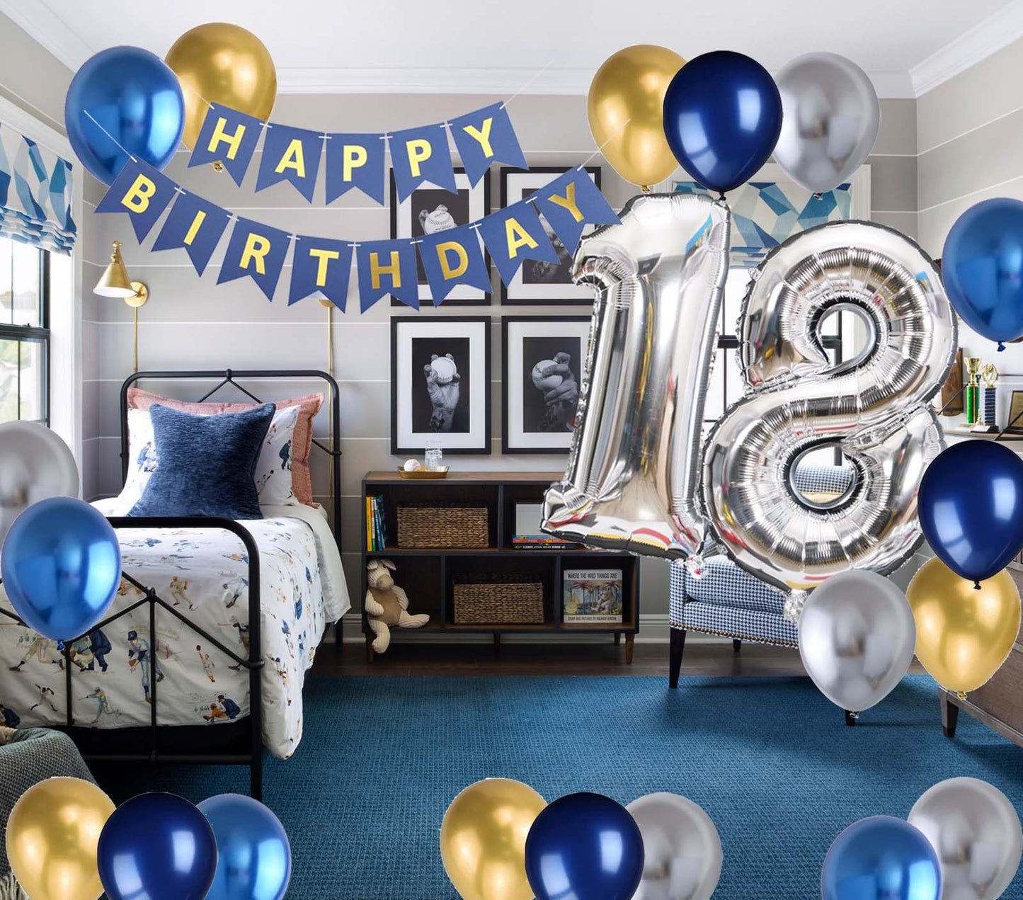 18Th Birthday Party Decoration For Boys, Happy Birthday Banner Blue Number 18 Birthday Balloons Metallic Silver Blue Gold Latex