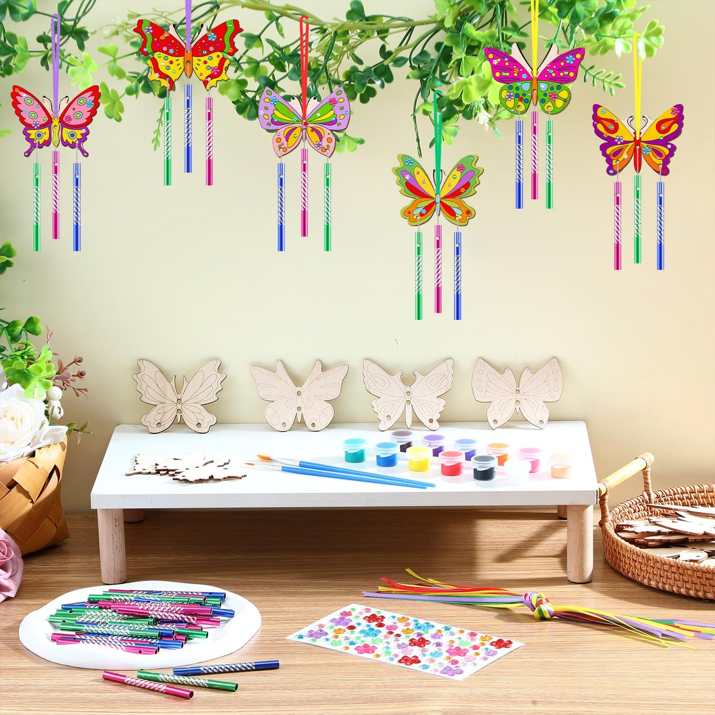 JellyArch 30 Pack Butterfly Wind Chime Making Kit for Kids Make Your Own Wind Chime Butterfly Wooden Crafts Ornaments for Girls