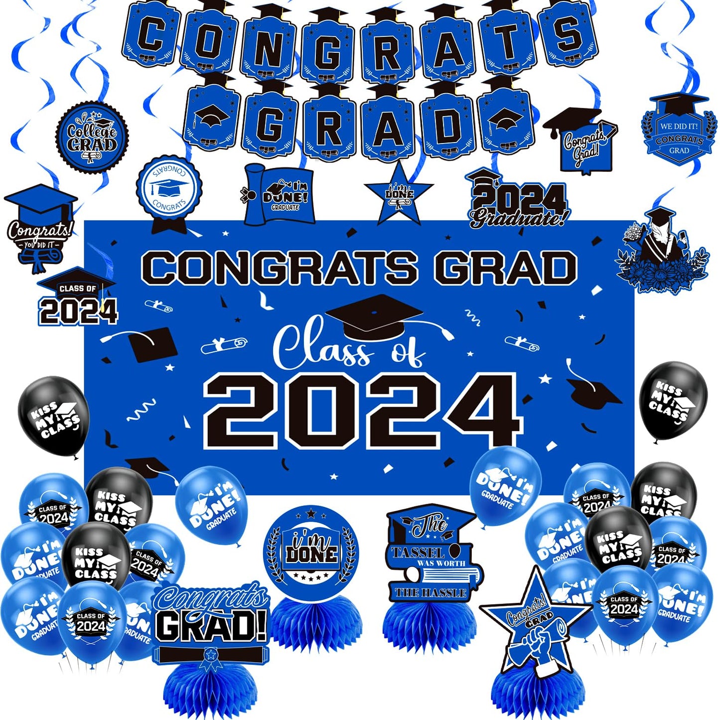 Graduation Decorations Class Of 2024, Congrats Grad Banner, Class Of 2024 Backdrop, Balloons & Hanging Swirl, Honeycomb Party Su