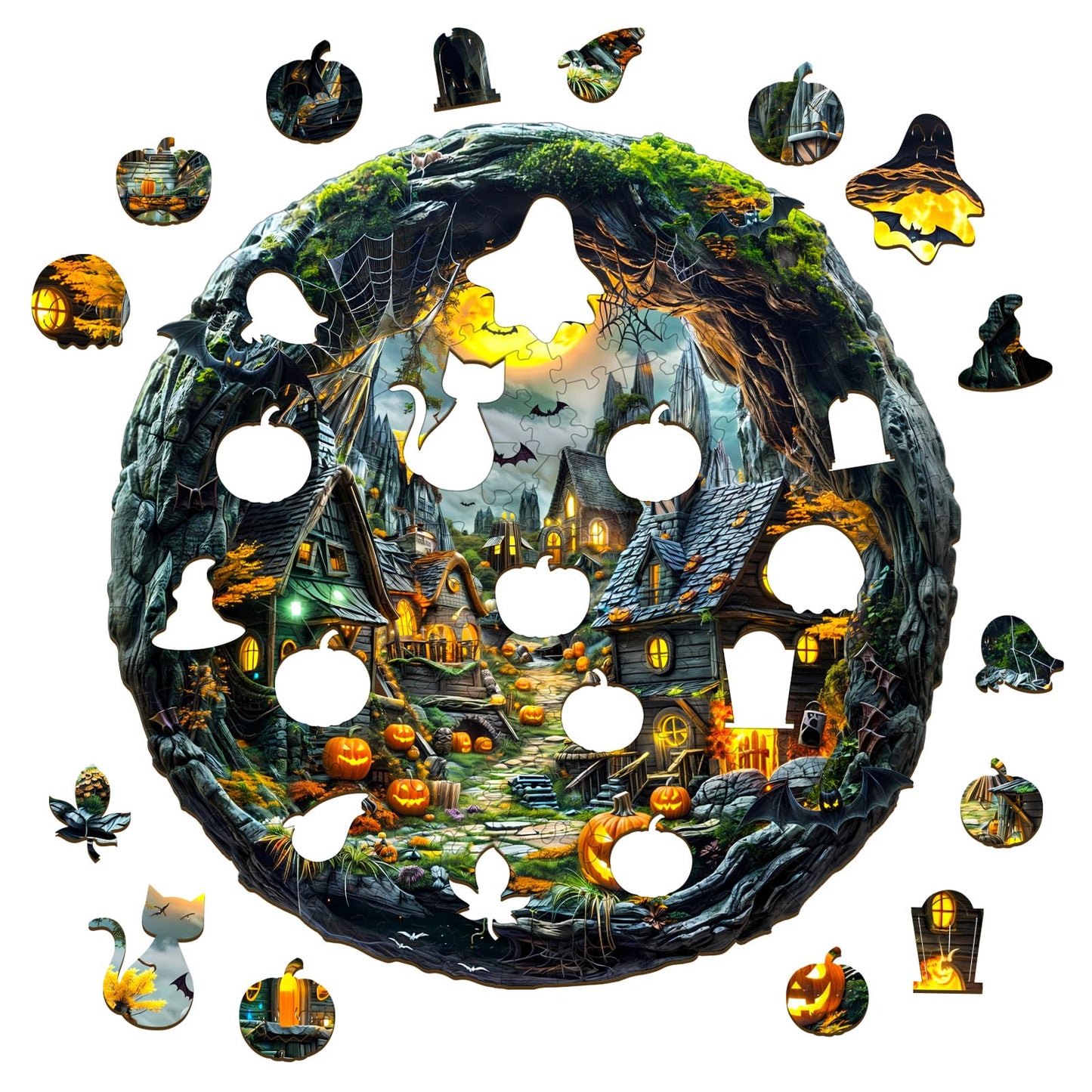 Jigfoxy Wooden Puzzle for mature-themeds  Halloween Night Jigsaw Puzzles for mature-themed  Unique Animal Shape Wood Cut Puzzles  Christmas Thanksgiving Gifts for Friends Family (M-11.4 * 11.3in-195pcs)