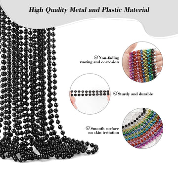 YAXINRUI 33 Inch 7 mm Metallic Black Bead Necklaces, 15pcs Mardi Gras Beads Bulk Round Beaded Necklaces Costume Necklace for Mar