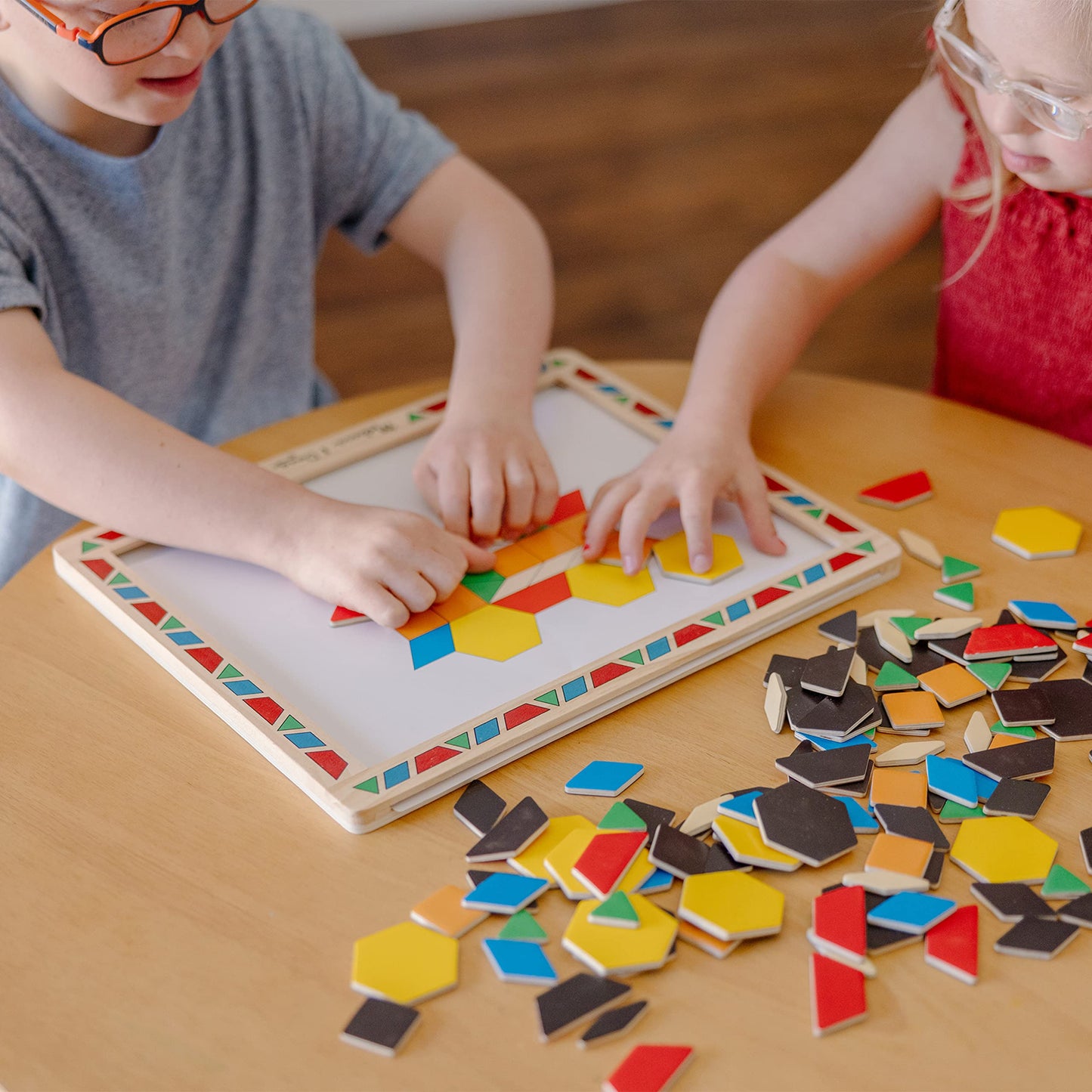 Melissa & Doug Deluxe Wooden Magnetic Pattern Blocks Set, 120 Magnets, Multi-color, 14.5 x 12.5 x 1.5, Educational Toy, Model 3590
