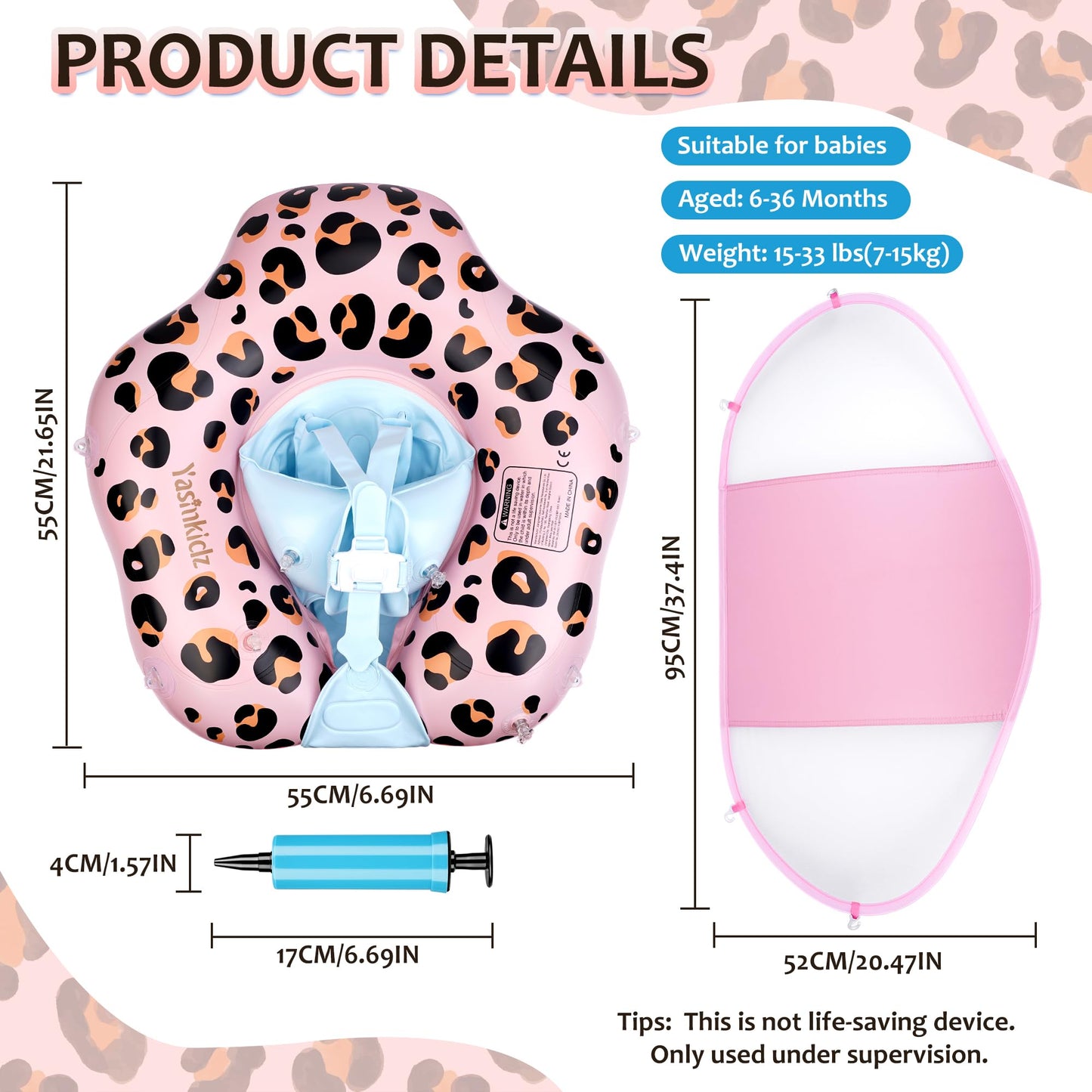 Yasinkidz Baby Pool Float, Leopard Toddler Pool Float Baby Float With Canopy, Infant Pool Floats For Kids 6-36 Months Leopard+(1