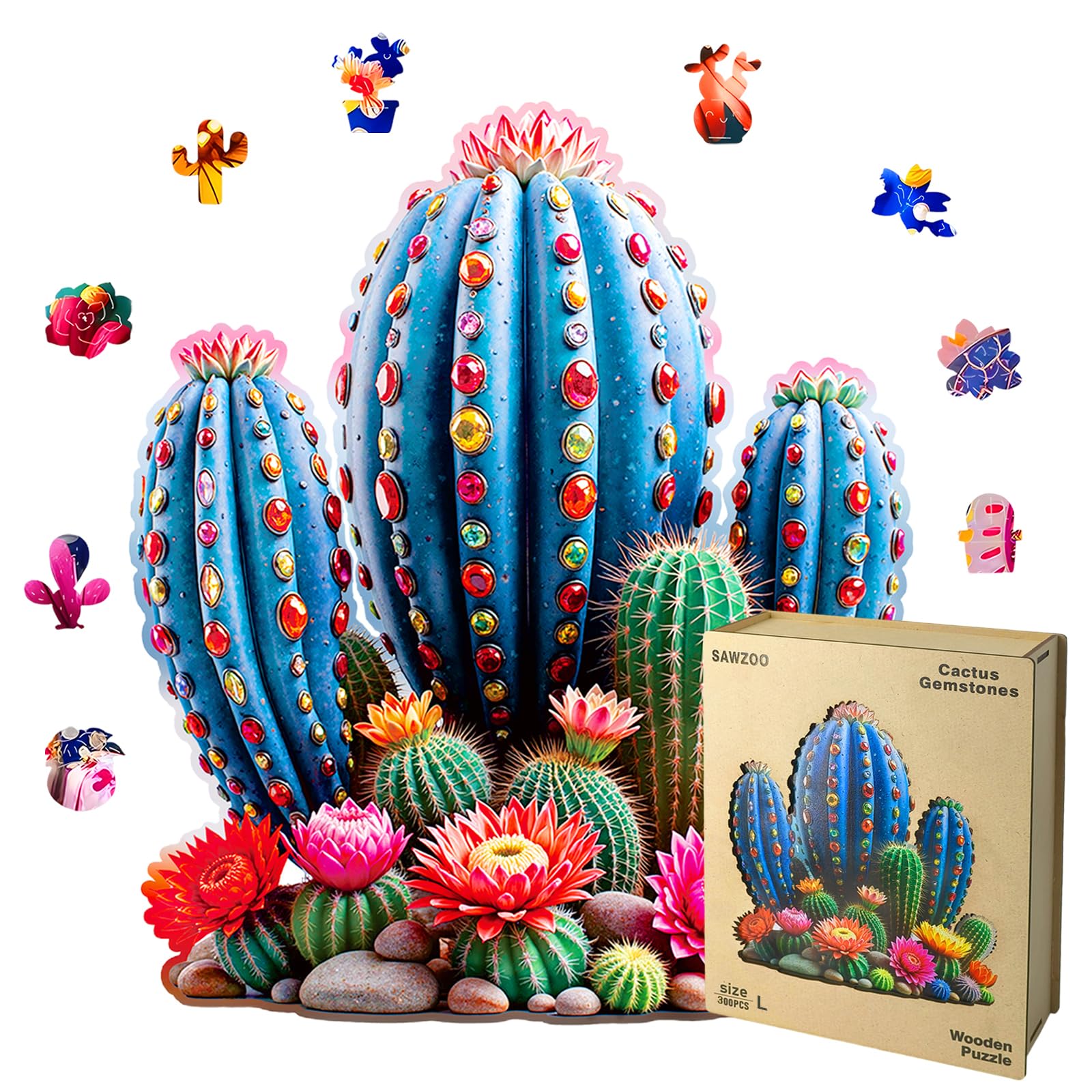 Wooden Jigsaw Puzzles for mature-themeds and Kids  Cactus Gemstones 300 Piece Unique Shaped Puzzle  Family Game and Creative Wooden Puzzle Gift  Wall Art Decor