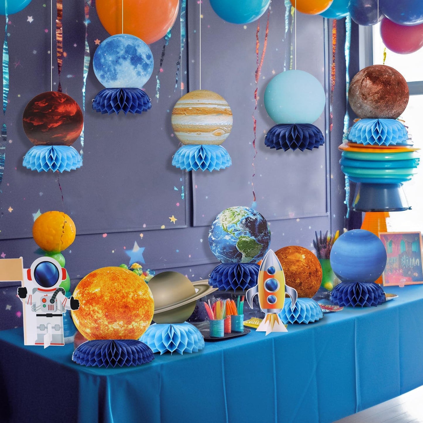 SUNBEAUTY 12 PCS Solar System Theme Honeycomb Centerpieces for Table Topper Outer Space Party Supplies Space Themed Party Decora