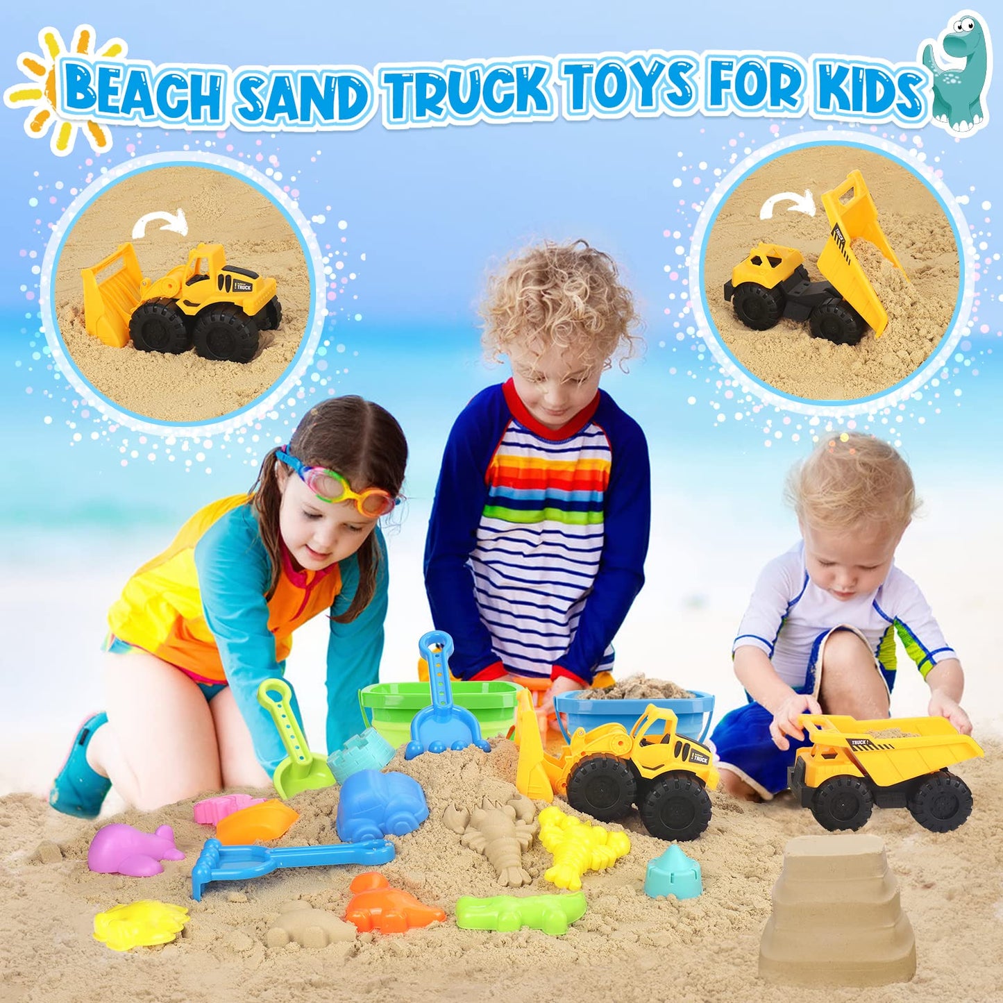FHOZGECY Beach Toys, 31Pcs Sand Toys, Sandbox Toys with 2 Truck 2 Collapsible Sand Bucket, Shovel Set, Sand Castle Kit, Animal D