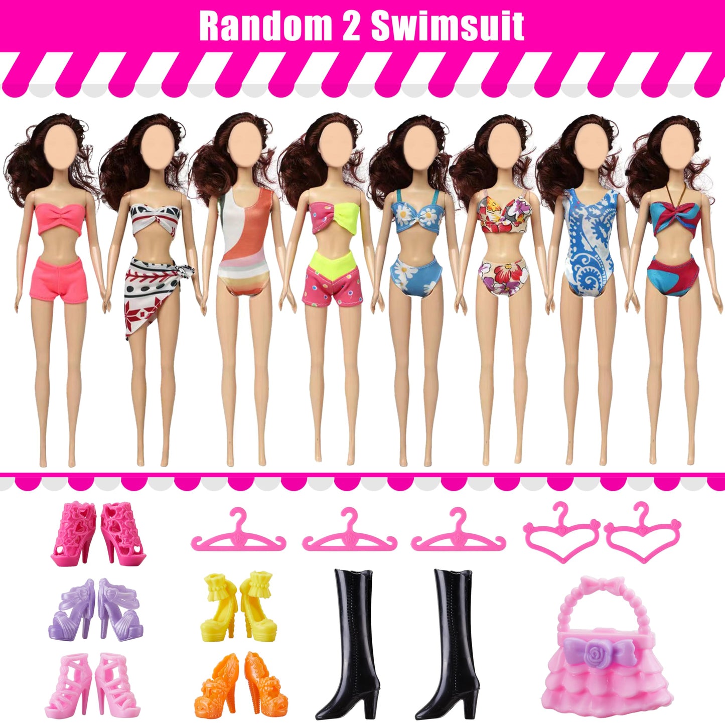 29 Pieces Doll Clothes And Accessories For 11.5 Inch Girl Dolls Outfit Including 5 Tops, 5 Pants, 3 Dresses, 2 Fashionable Dresses, 2 Swimwear, 6 Pairs Of Shoes, 1 Bag, 5 Hangers