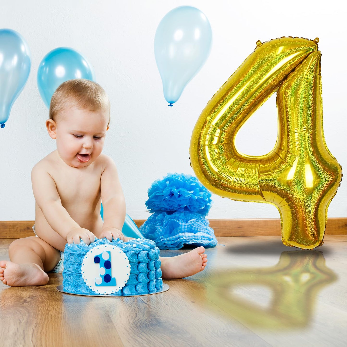 Large Number 4 Balloons, 40 Inch Laser Gold Helium 4 Balloons For Kids 4 Year Old Birthday Decor, Self Inflating Foil Globos Dor