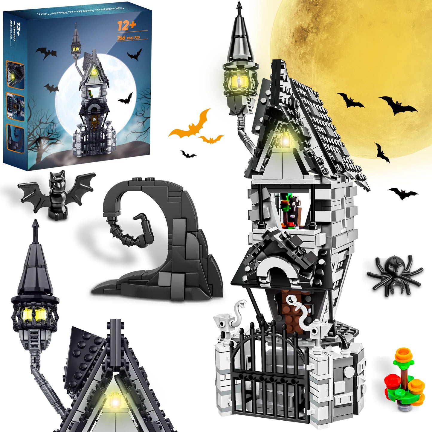 Pleysyncz Halloween Haunted Mansion House Building Kit, Before Christmas Building Blocks Set With Glowing Lighting, For Fans And