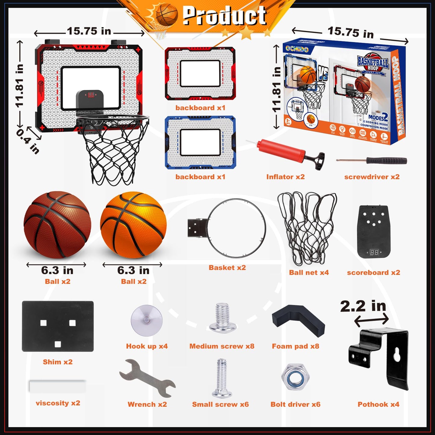 OCHIDO 2 Pcs Basketball Hoop Indoor for Boys 3 4 5 6 7 8 9 10 11 12 Year Old,Over The Door Mini Basketball Hoop Indoor with Scor