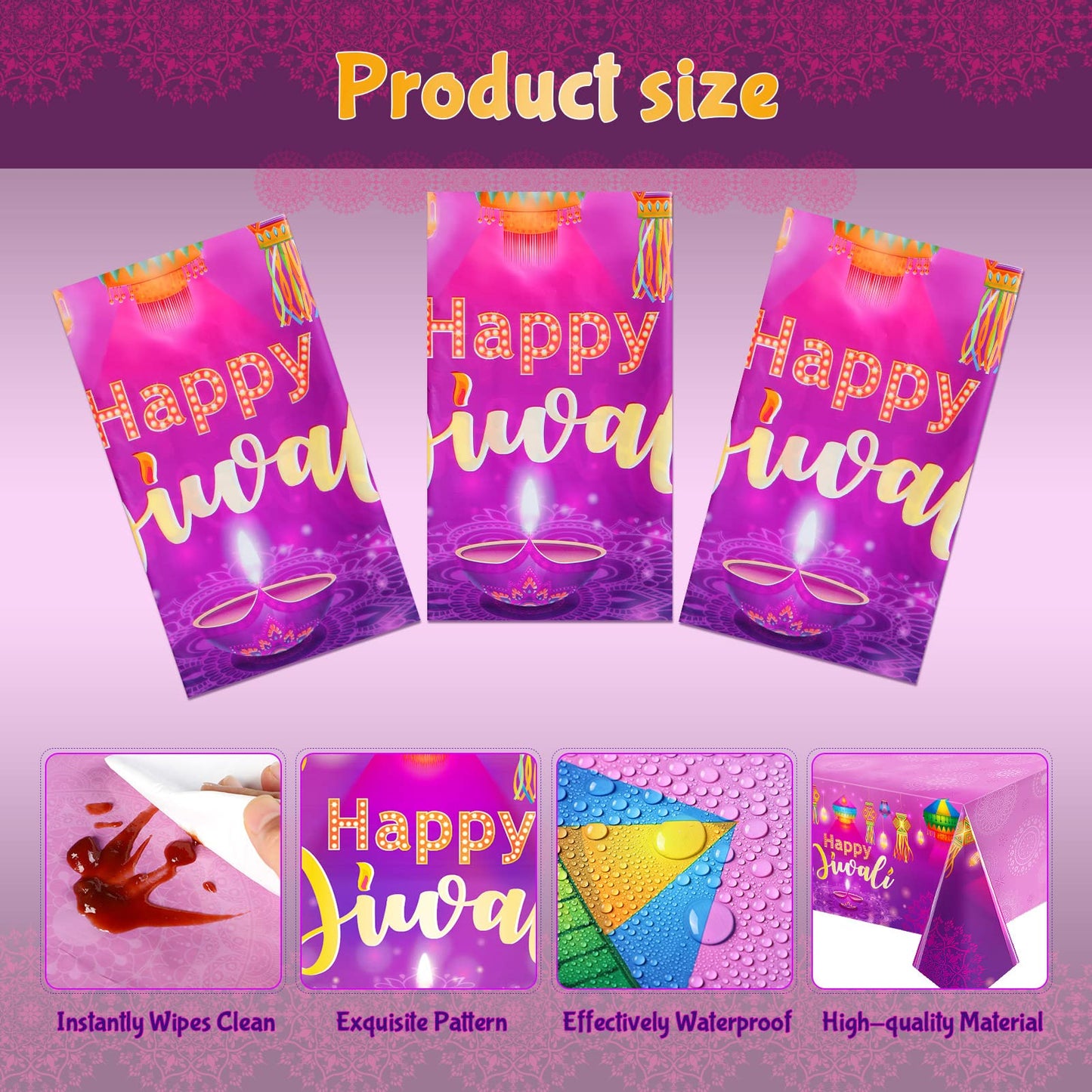 Clabby 3 Pieces Happy Diwali Tablecloths Festival of Lights Party Table Cover Decor Plastic Rectangle Diwali Tablecloth for Happ