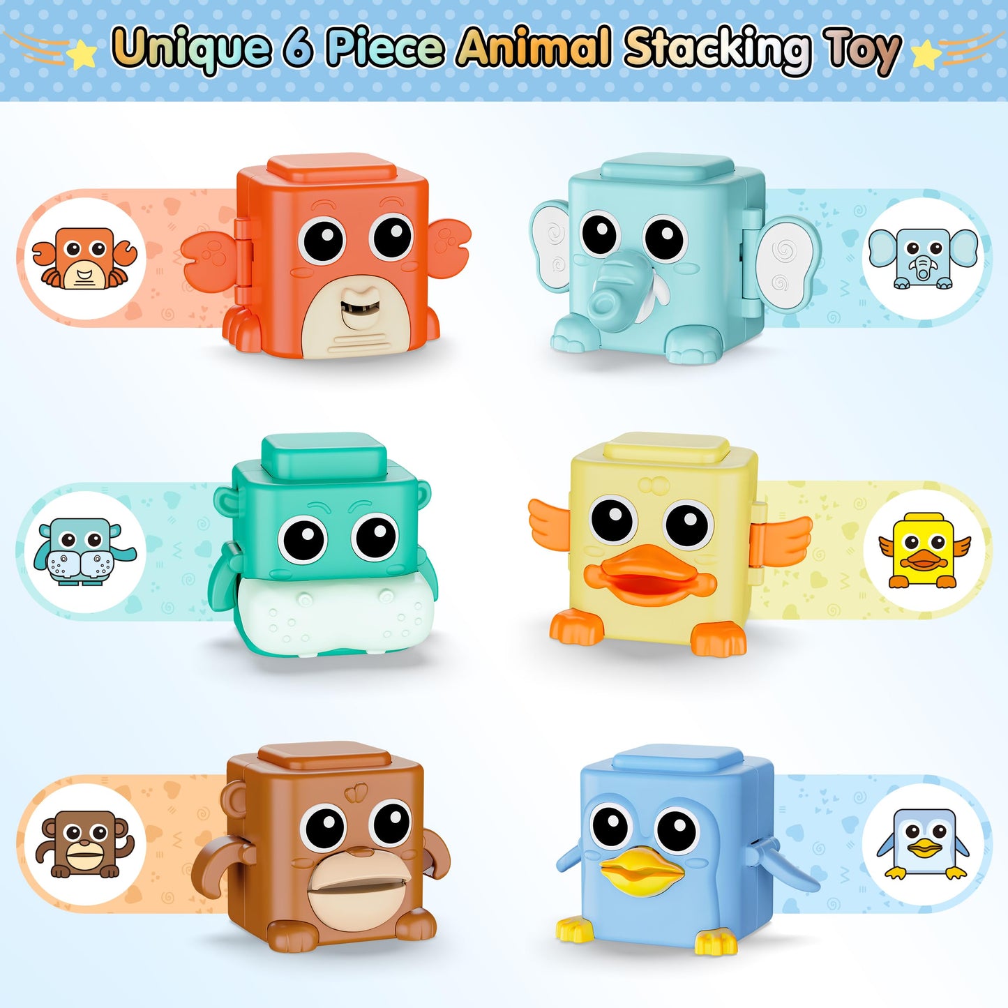 Stacking Toys Set For Toddlers 18+ Months, 6 In 1 Infant Sensory Toys With Changing Expressions, Pressable Animal Stacking Block