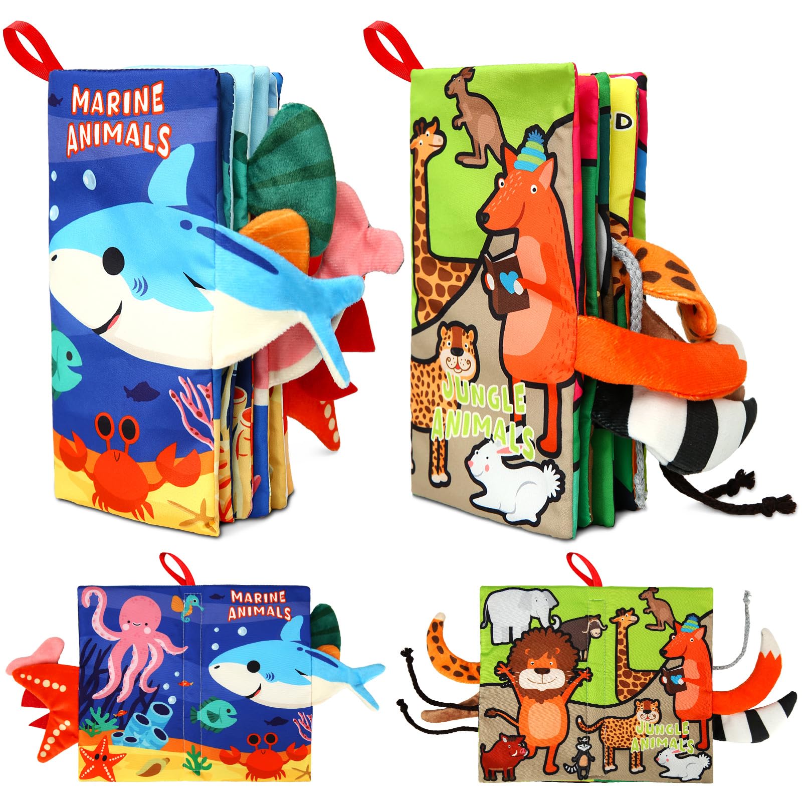 Yogingo 2Pcs Baby Books - Montessori Toys Cute Animal Theme Baby Cloth Books 6 To 12 Months, Soft Stuffed High Contrast Crinkle