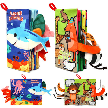 Yogingo 2Pcs Baby Books - Montessori Toys Cute Animal Theme Baby Cloth Books 6 To 12 Months, Soft Stuffed High Contrast Crinkle